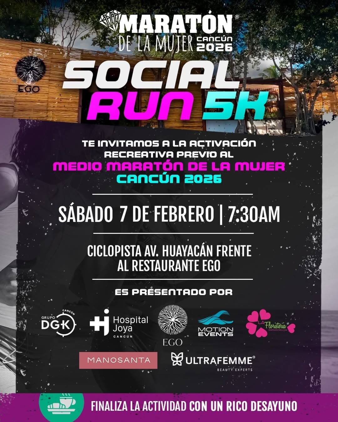 Flyer SOCIAL RUN 5K – RUMBO AL MEDIO MARATÓN DE LA MUJER CANCÚN 2026